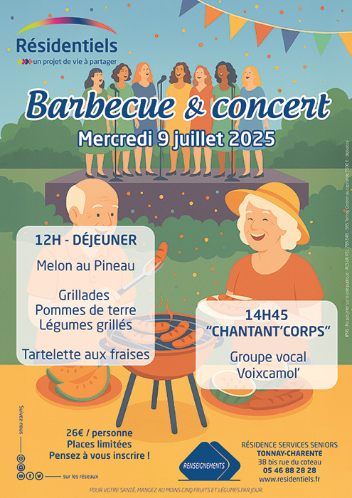 Soirée barbecue aux Résidentiels de Tonnay-Charente résidence seniors proche Rochefort Charente-Maritime