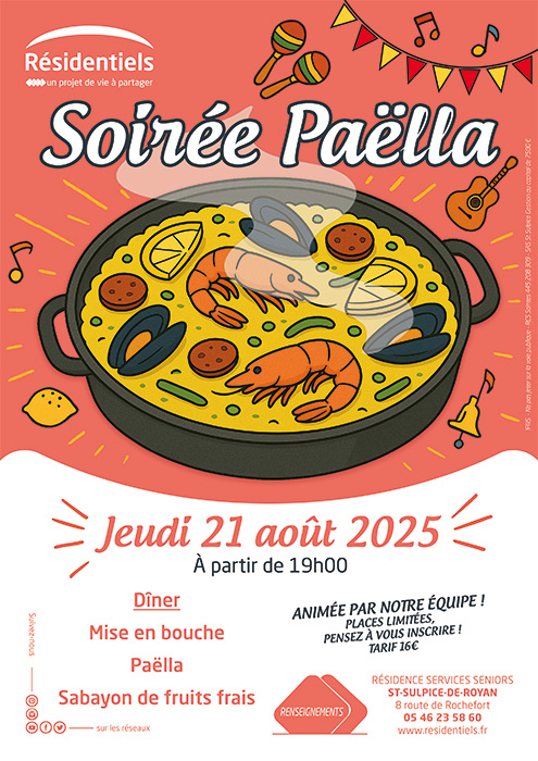 Affiche soiree a theme aux Residentiels de St-Sulpice de Royan residence seniors