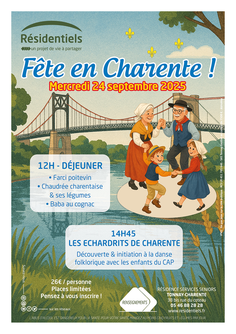 Affiche animation aux Résidentiels de Tonnay-Charente résidence seniors proche Rochefort Charente-Maritime