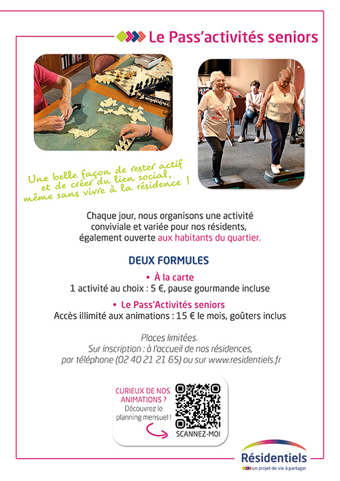 pass activites seniors dans nos residences seniors pour les habitants du voisinage