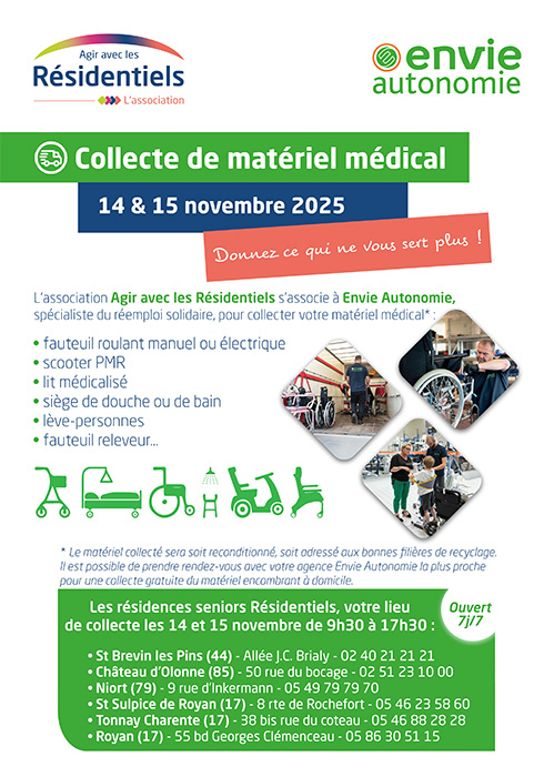 affiche action solidaire collecte de matériel médical aux Residentiels residences seniors