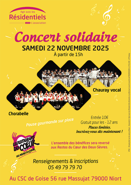 affiche concert solidaire organise par l association Agir avec les Residentiels à Niort