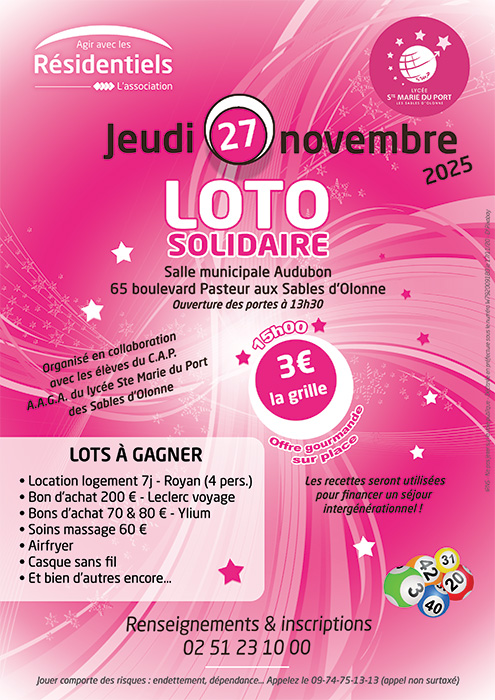 loto solidaire aux Residentiels residence seniors aux Sables d'Olonne