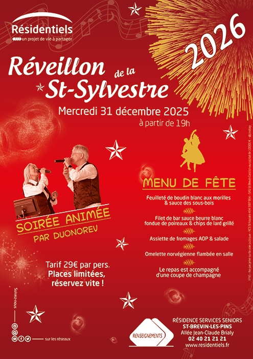 Affiche Reveillon aux Résidentiels de Saint Brevin les Pins Loire Atlantique. Résidence services seniors