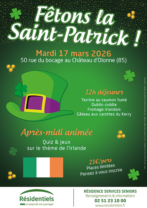 Affiche saint-patrick aux Résidentiels du Château d'Olonne. Animation ouverte aux seniors