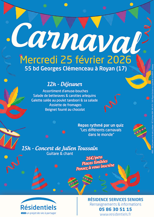 Affiche animation Carnaval résidence seniors Royan Charente-Maritime. Ouvert à tous