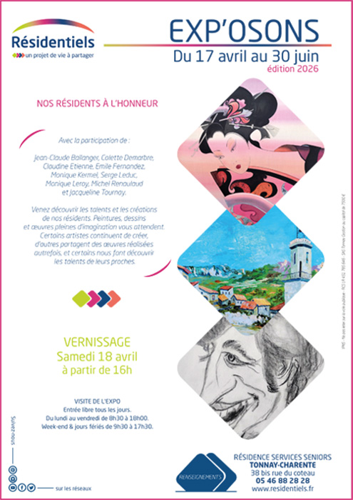 affiche expo temporaire en residence seniors Les Résidentiels Tonnay-Charente proche Rochefort (17)