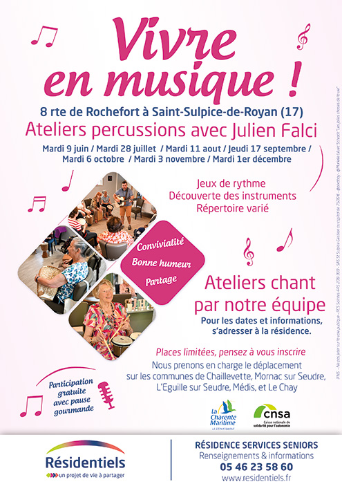 affiche atelier musique pour seniors aux Residentiels de Saint-Sulpice-de-Royan Charente Maritime