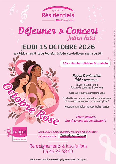 Affiche Octobre Rose 2026 aux Résidentiels à Saint-Sulpice-de-Royan. Résidence personne âgée